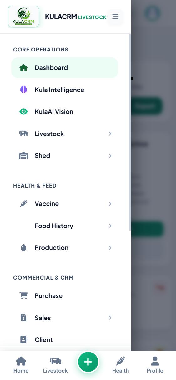 KulaCRM on a phone: the navigation menu with dashboard, livestock, sheds, health, purchases, sales and clients